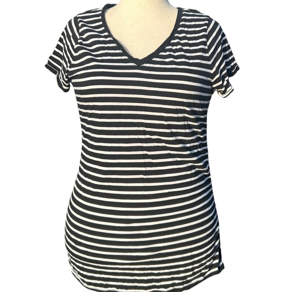 Liz Lange Maternity Shirt Womens XL Black White Striped V-Neck Ruched Nautical